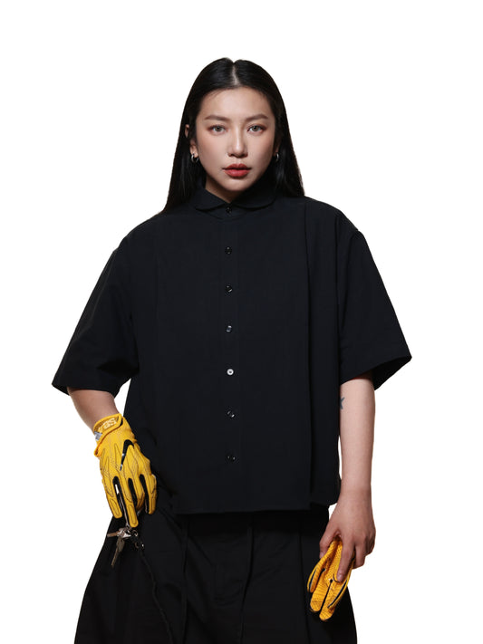 6cRAyon PLEATED BLACK OXFORD SHIRT