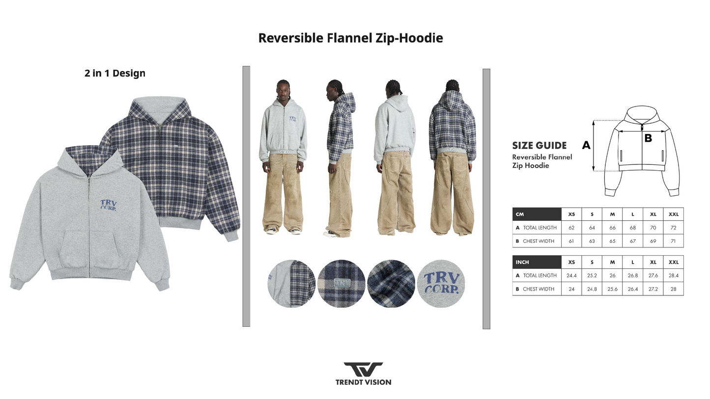 TRENDT VISION 【C.1】Reversible Flannel Zip-Hoodie Grey Blue
