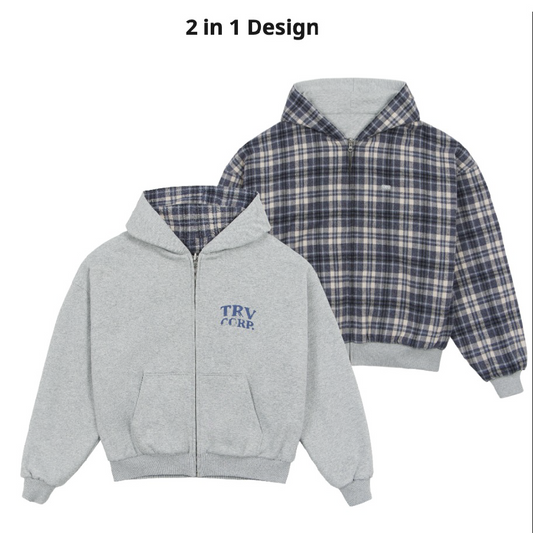 TRENDT VISION 【C.1】Reversible Flannel Zip-Hoodie Grey Blue